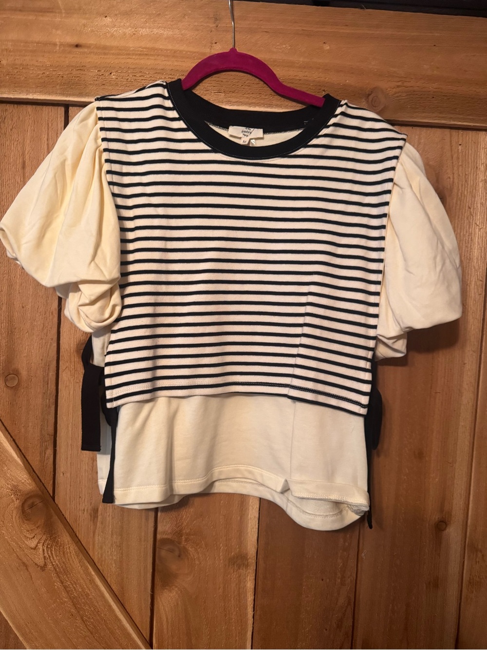 Cream & Black Striped Layered Puff-Sleeve Top